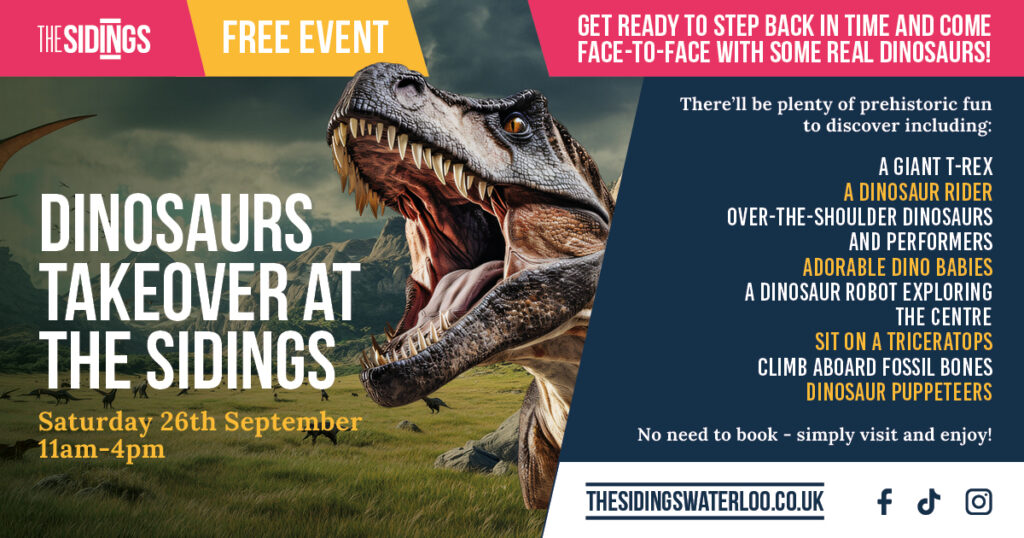 Promotional banner for the free Dinosaurs Takeover event at The Sidings on Saturday 26th September, featuring a roaring T-Rex.