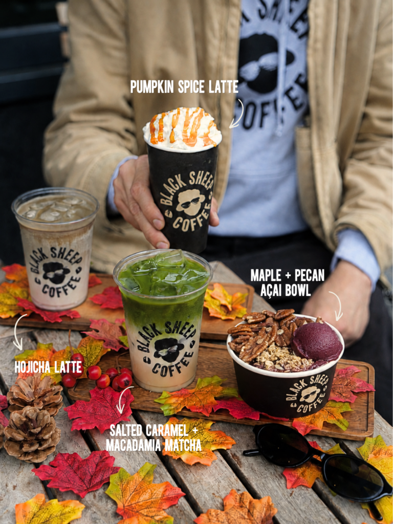 Black Sheep Coffee autumn menu line-up featuring Pumpkin Spice Latte, Hojicha Latte, Salted Caramel Macadamia Matcha, and Maple Pecan Açaí Bowl decorated with autumn leaves and pinecones.