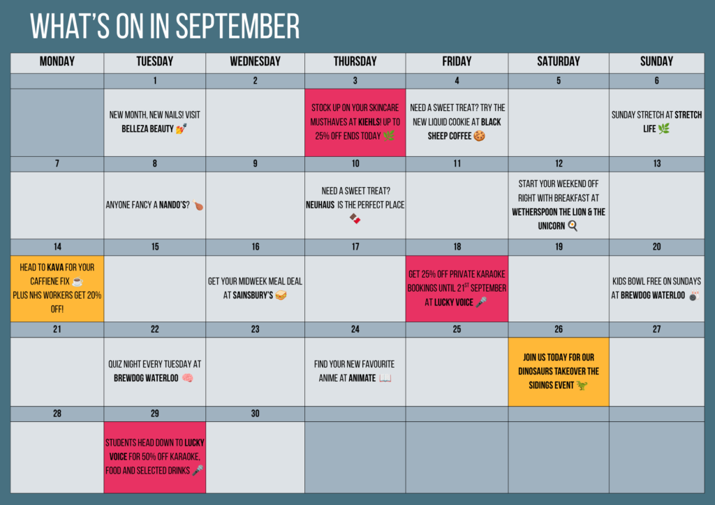 September event calendar titled "What's On in September" detailing daily offers, dining deals, discounts, and events at The Sidings.