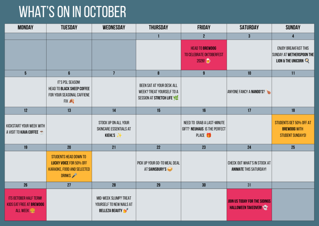 October event calendar titled "What's On in October" detailing daily offers, dining deals, discounts, and events at The Sidings.