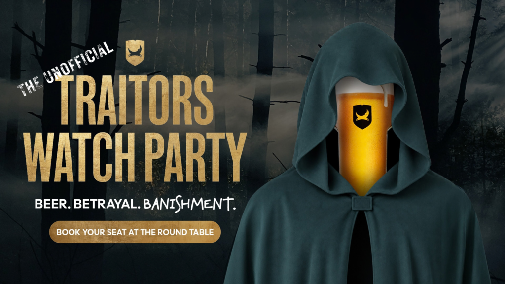 Promotional image for "The Unofficial Traitors Watch Party" at BrewDog Waterloo featuring a hooded figure with a pint of beer for a face set against a dark, misty forest background.